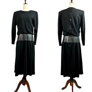 Vintage 80s Samuel Blue Jersey Wool Dress Leather Trimmed Waist Made in USA